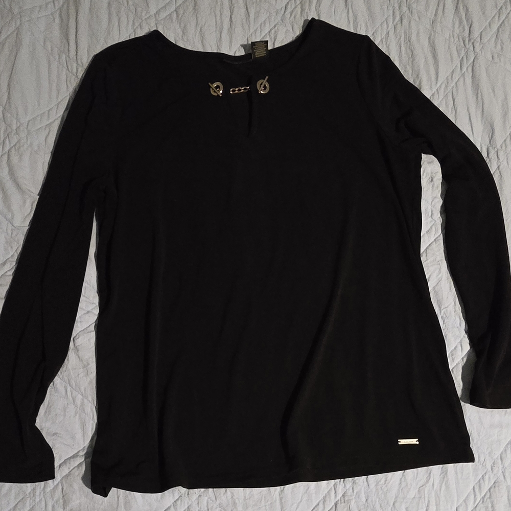 Tahari Black Long Sleeve Blouse with Chain Detail